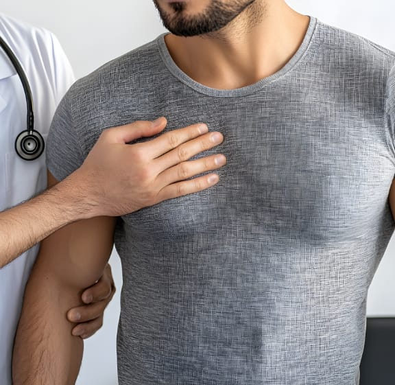 Man discussing gynecomastia treatment during a plastic surgery consultation